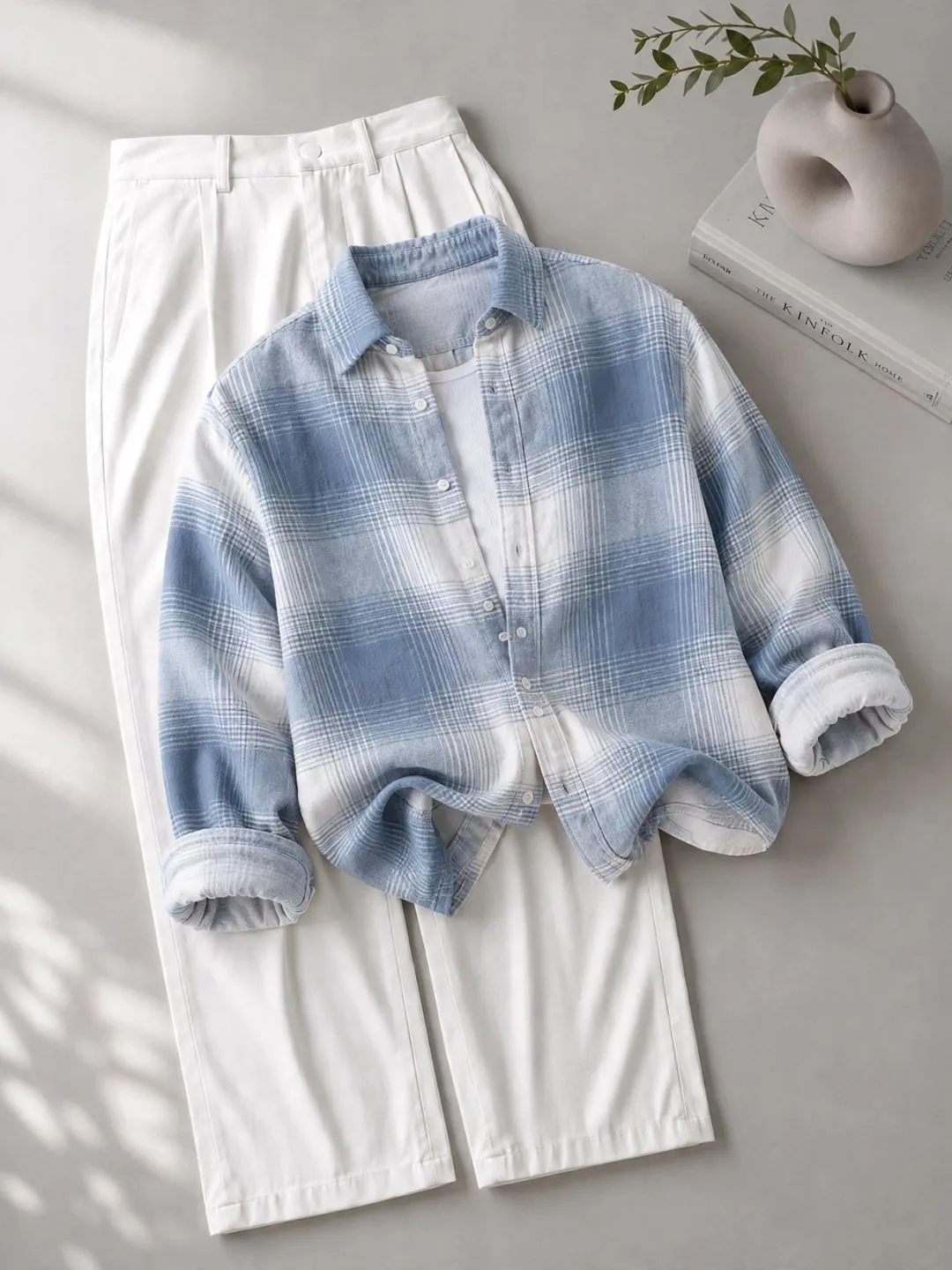 Pink Plaid Flannel Shirt and White Trouser Outfit Set - Image 3