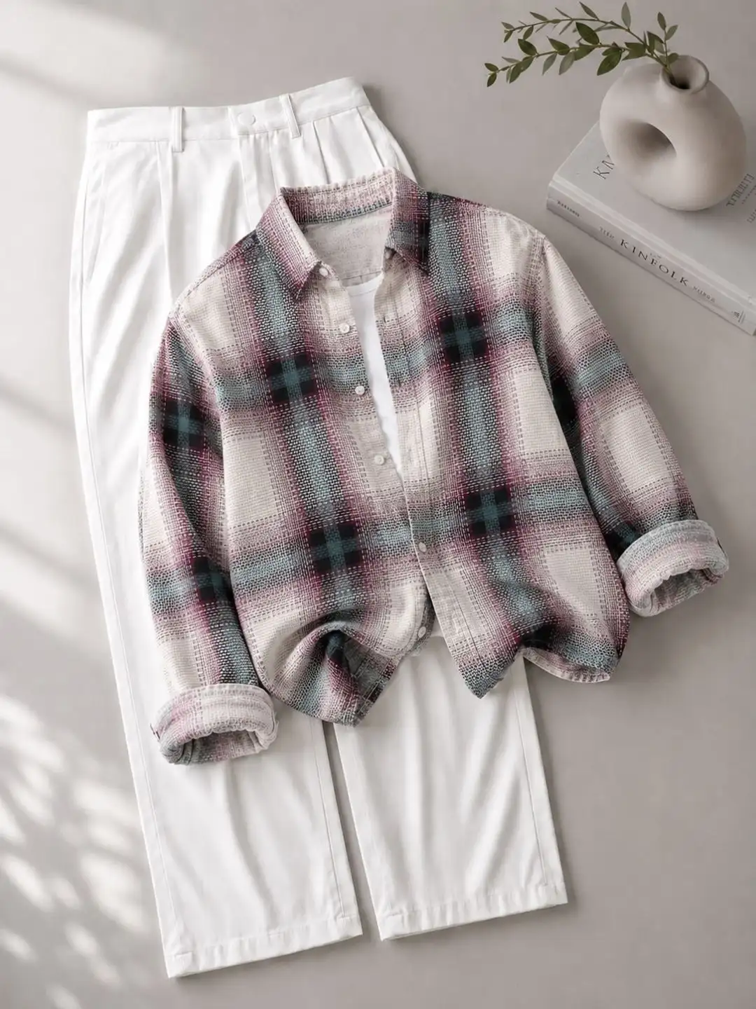 Pink Plaid Flannel Shirt and White Trouser Outfit Set - Image 2