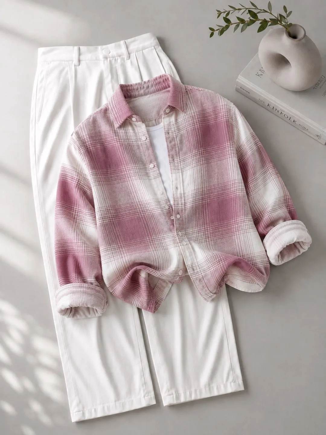 Pink Plaid Flannel Shirt and White Trouser Outfit Set