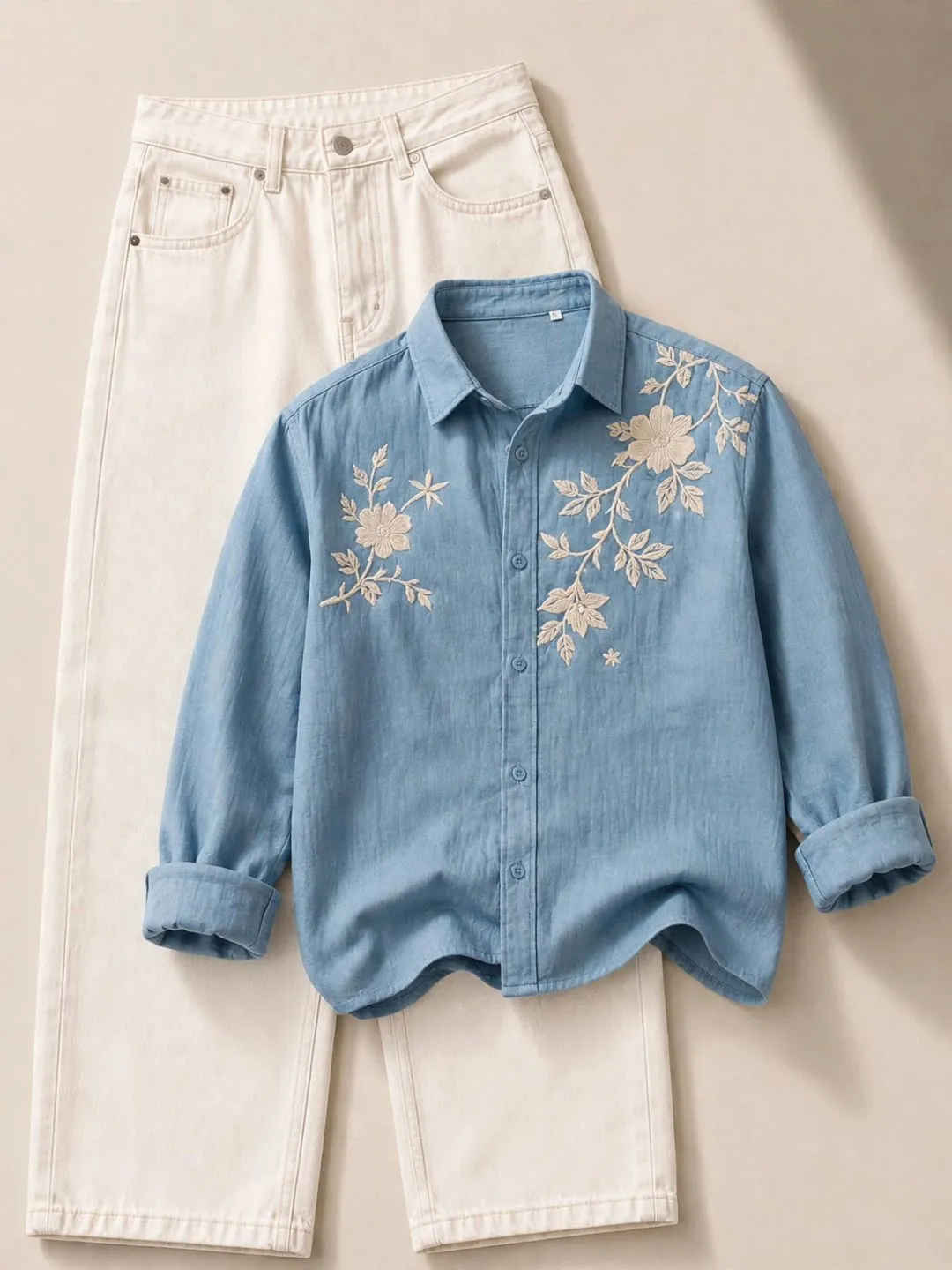 Sage Green Floral Embroidered Shirt & Cream Trousers Set - Image 3