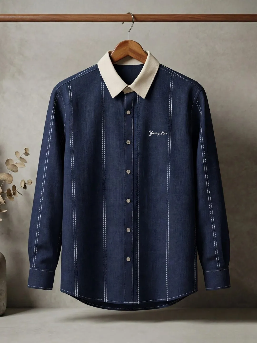 Indigo Pinstripe Long-Sleeve Shirt with Contrast Collar
