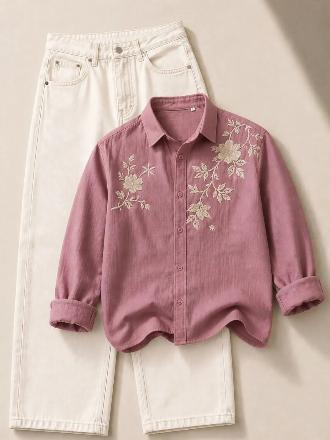 Sage Green Floral Embroidered Shirt & Cream Trousers Set - Image 2