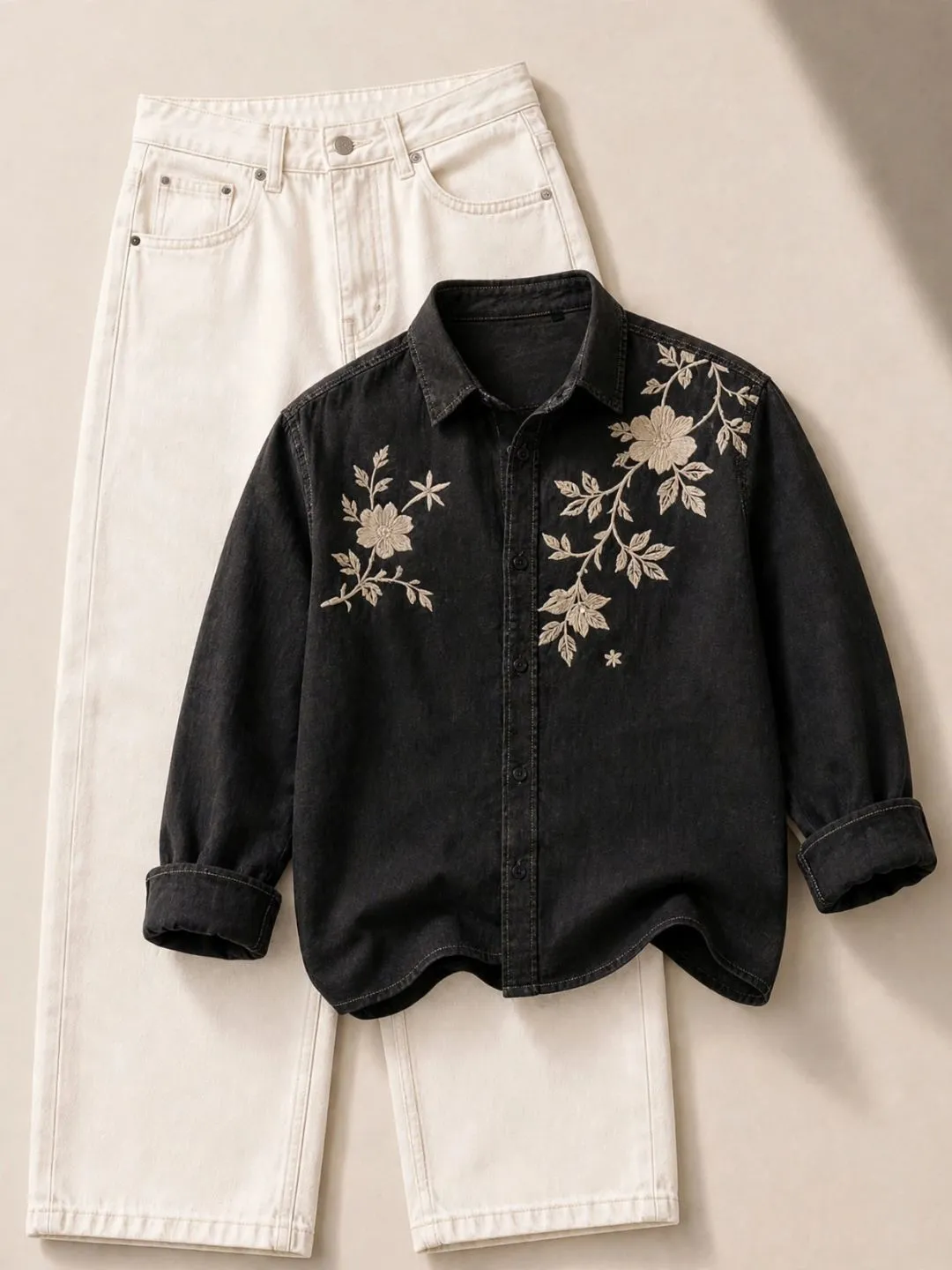 Sage Green Floral Embroidered Shirt & Cream Trousers Set - Image 4