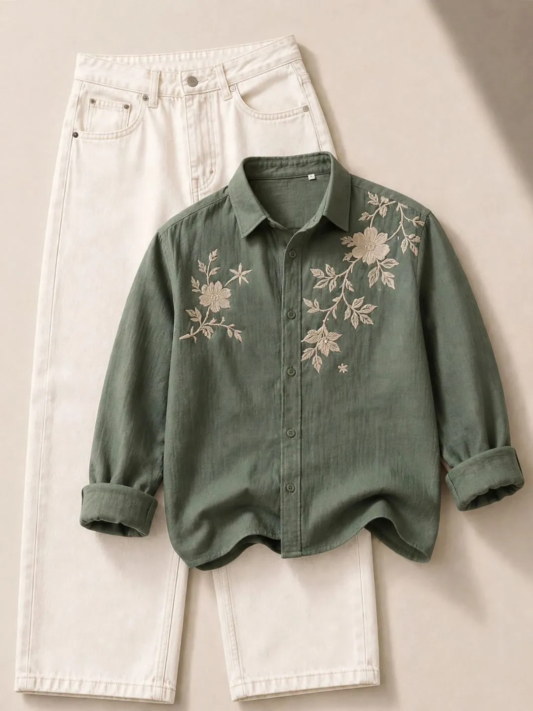Sage Green Floral Embroidered Shirt & Cream Trousers Set