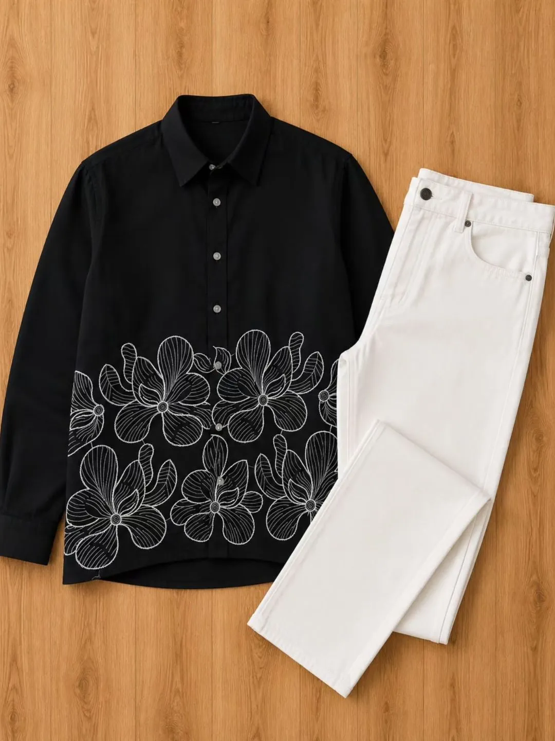 White Floral Hem Embroidered Shirt & Khaki Trousers Combination - Image 4