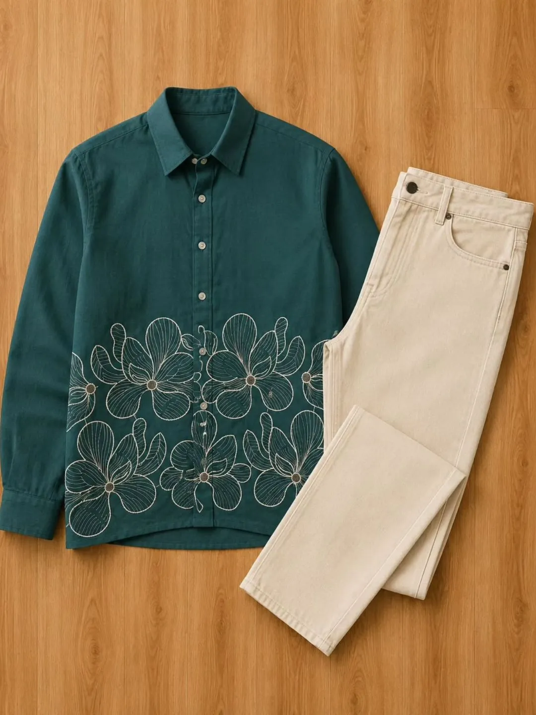 White Floral Hem Embroidered Shirt & Khaki Trousers Combination - Image 3