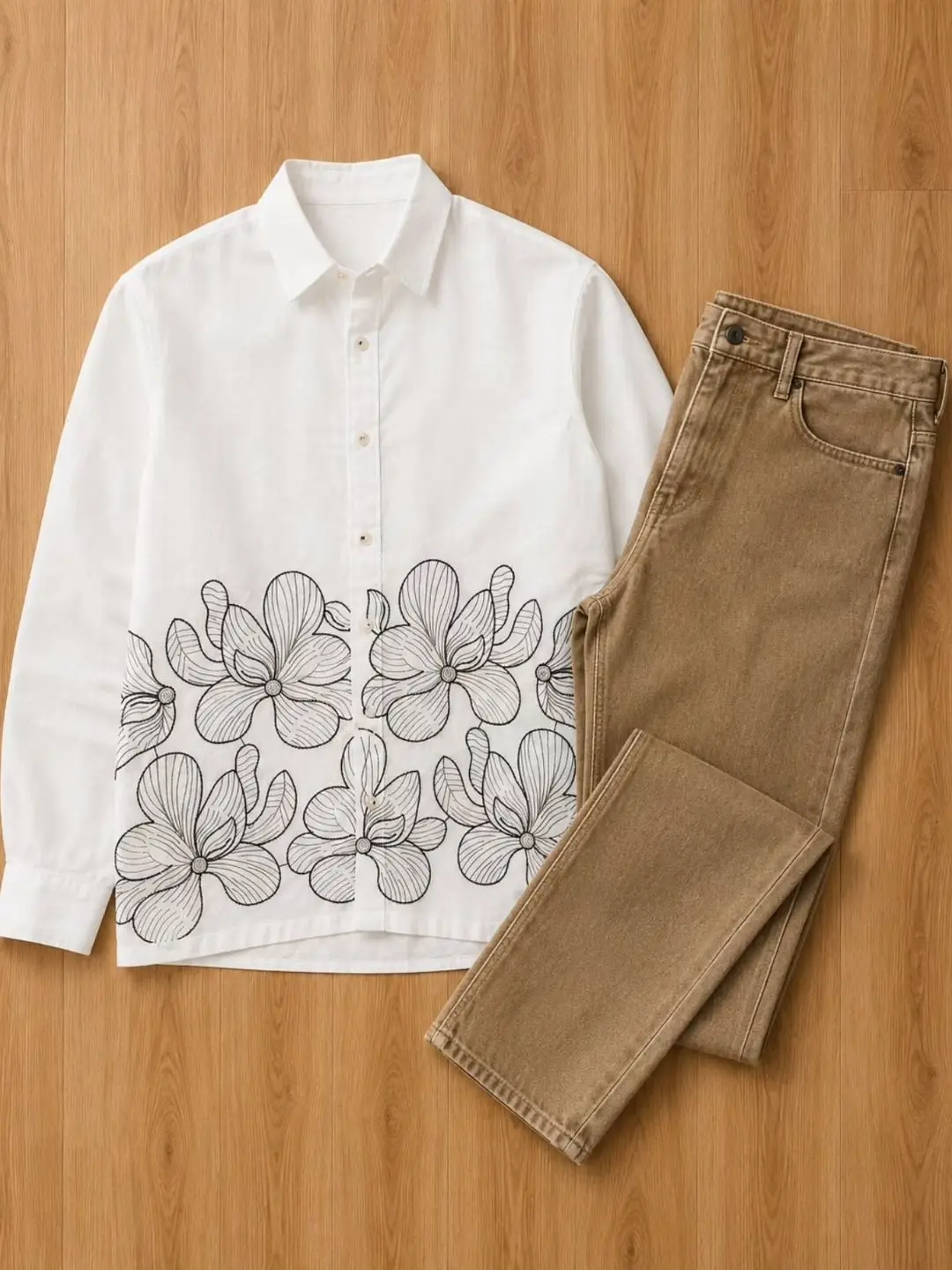 White Floral Hem Embroidered Shirt & Khaki Trousers Combination