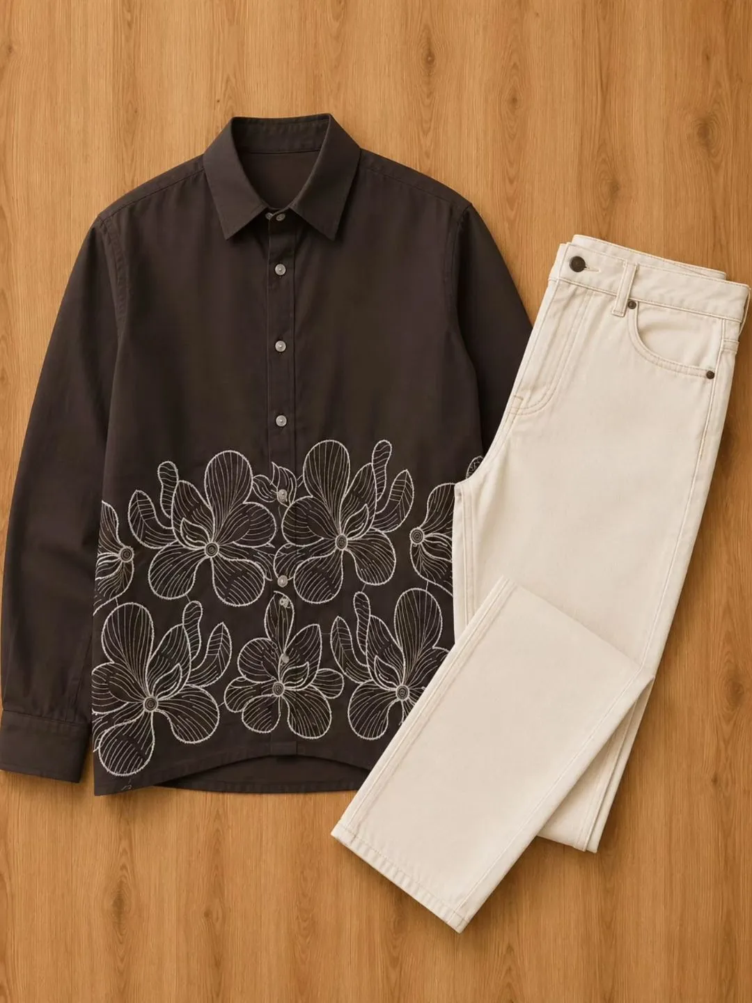 White Floral Hem Embroidered Shirt & Khaki Trousers Combination - Image 2