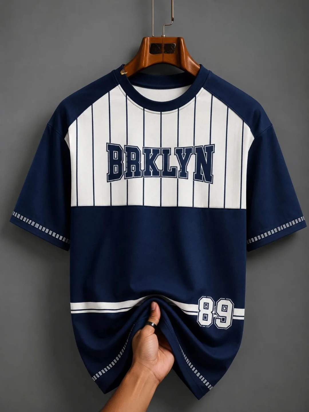 Navy Blue & White Pinstripe Colorblock Graphic Tee