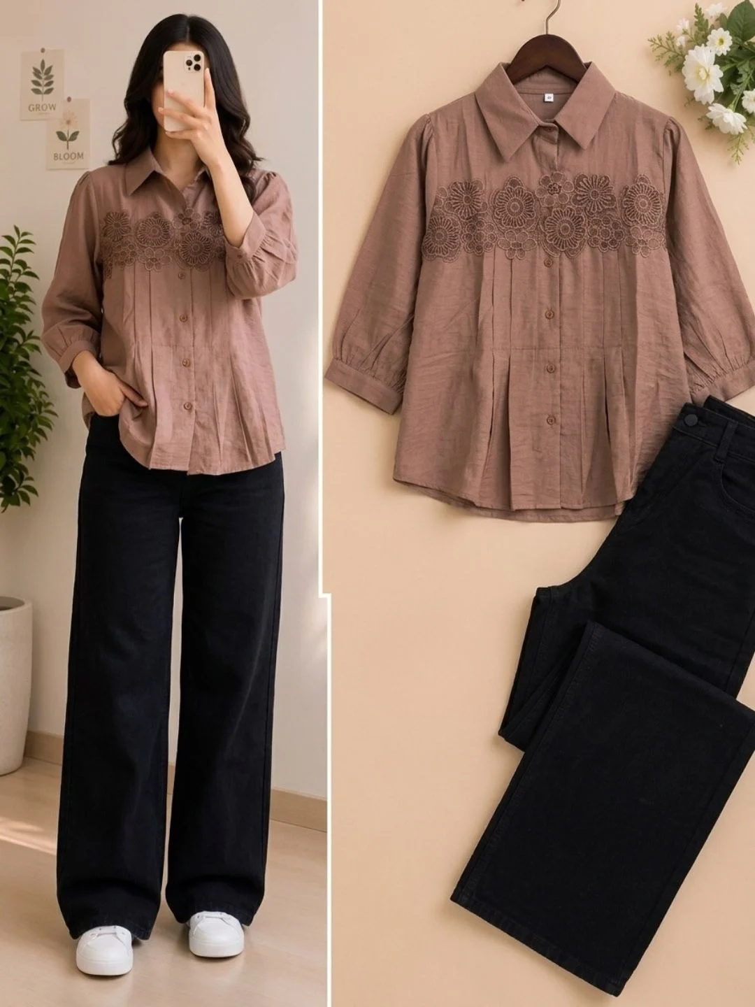 Mauve Floral-Embroidered Shirt & Black Denim Trousers Set - Image 2