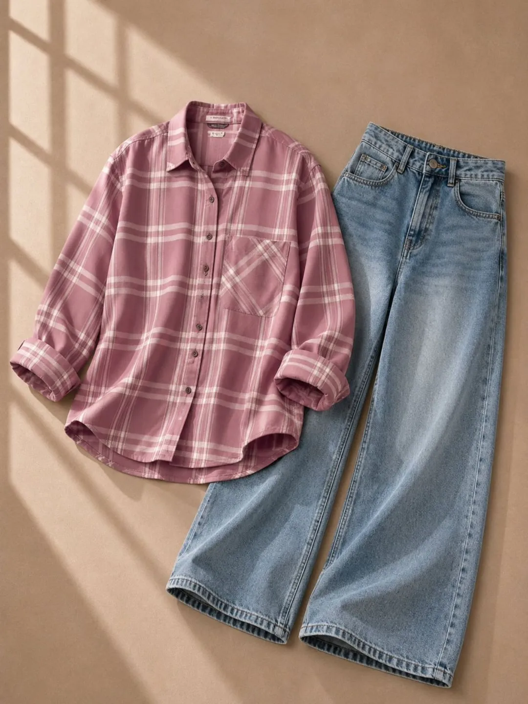 Pink Plaid Button-Down Shirt & Light Blue Wide-Leg Denim Set