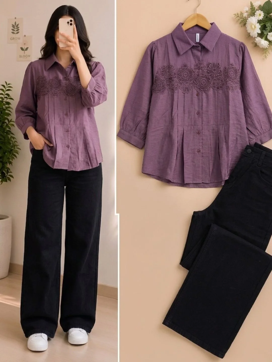 Mauve Floral-Embroidered Shirt & Black Denim Trousers Set