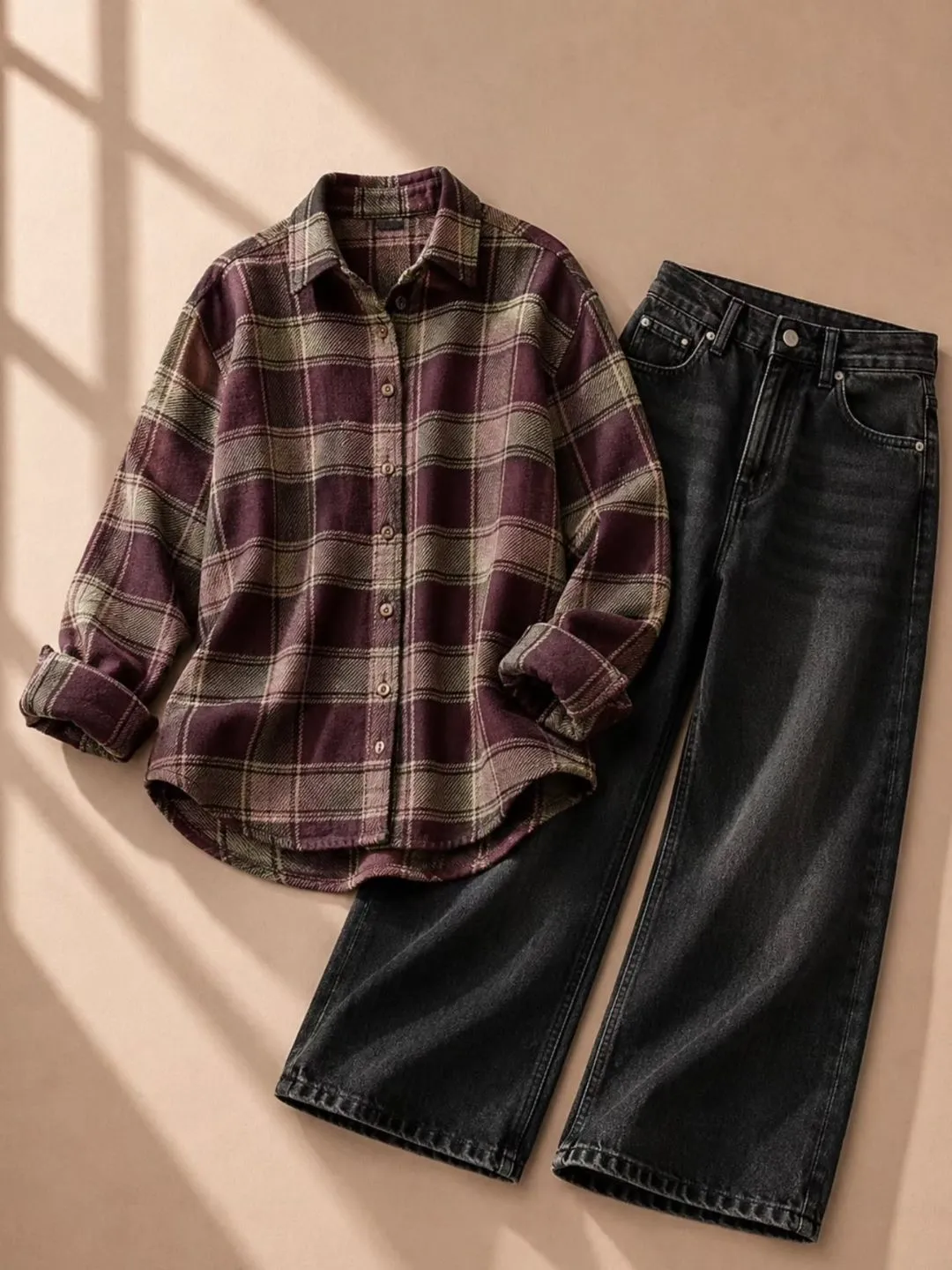 Pink Plaid Button-Down Shirt & Light Blue Wide-Leg Denim Set - Image 2