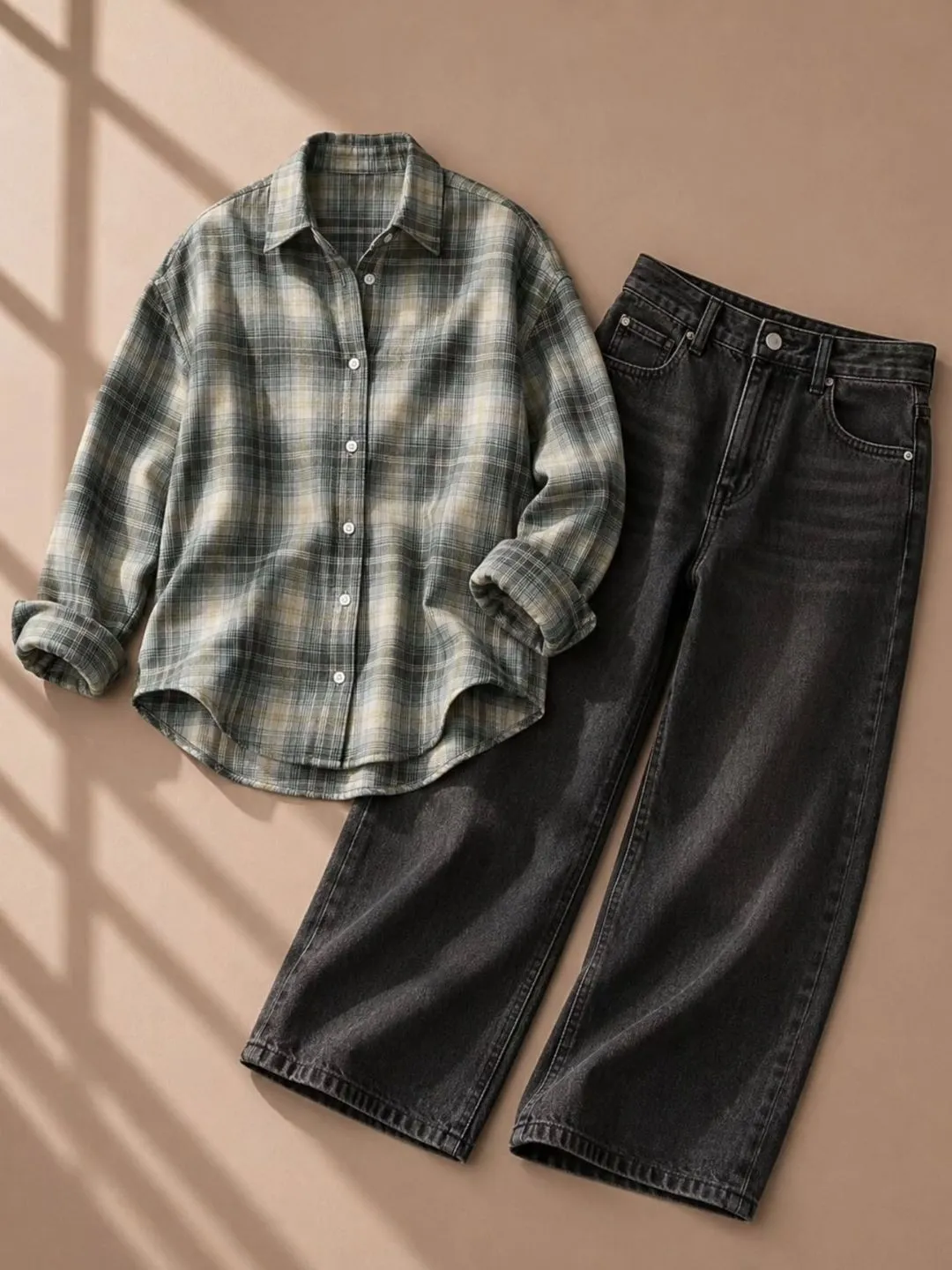 Pink Plaid Button-Down Shirt & Light Blue Wide-Leg Denim Set - Image 3