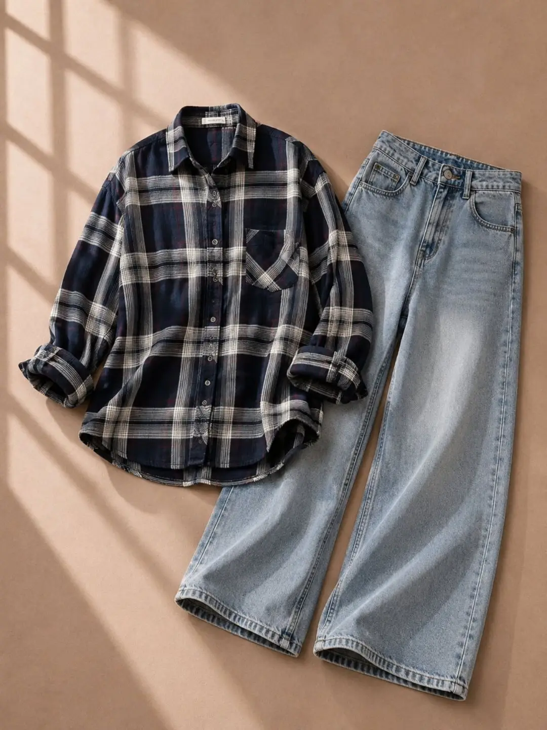 Pink Plaid Button-Down Shirt & Light Blue Wide-Leg Denim Set - Image 4