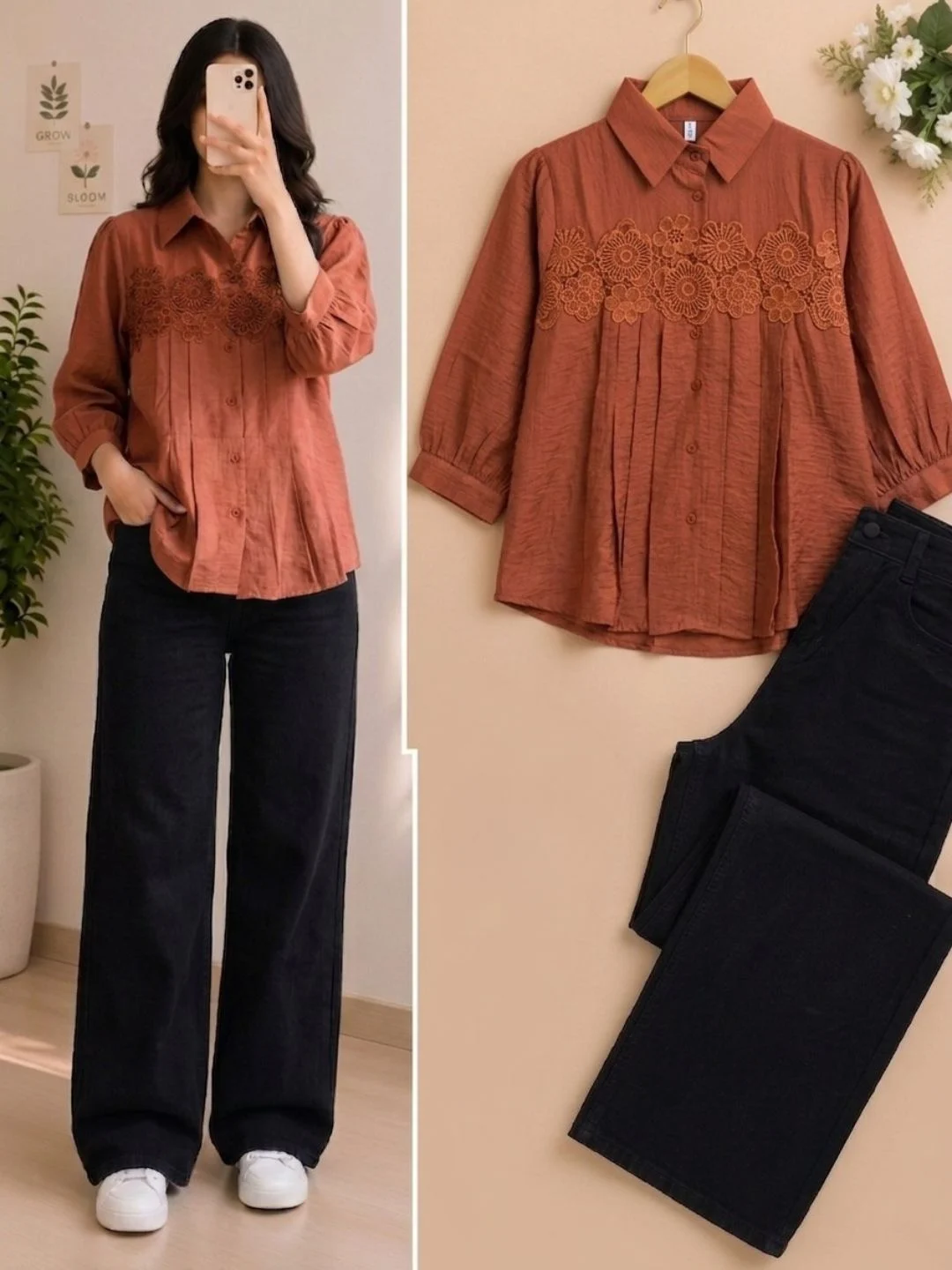 Mauve Floral-Embroidered Shirt & Black Denim Trousers Set - Image 3
