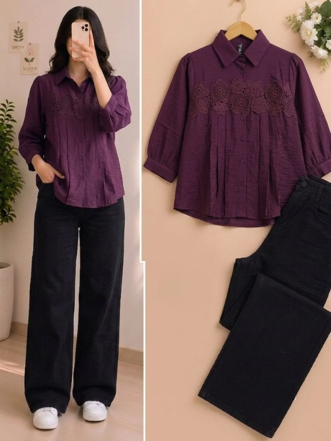 Mauve Floral-Embroidered Shirt & Black Denim Trousers Set - Image 4