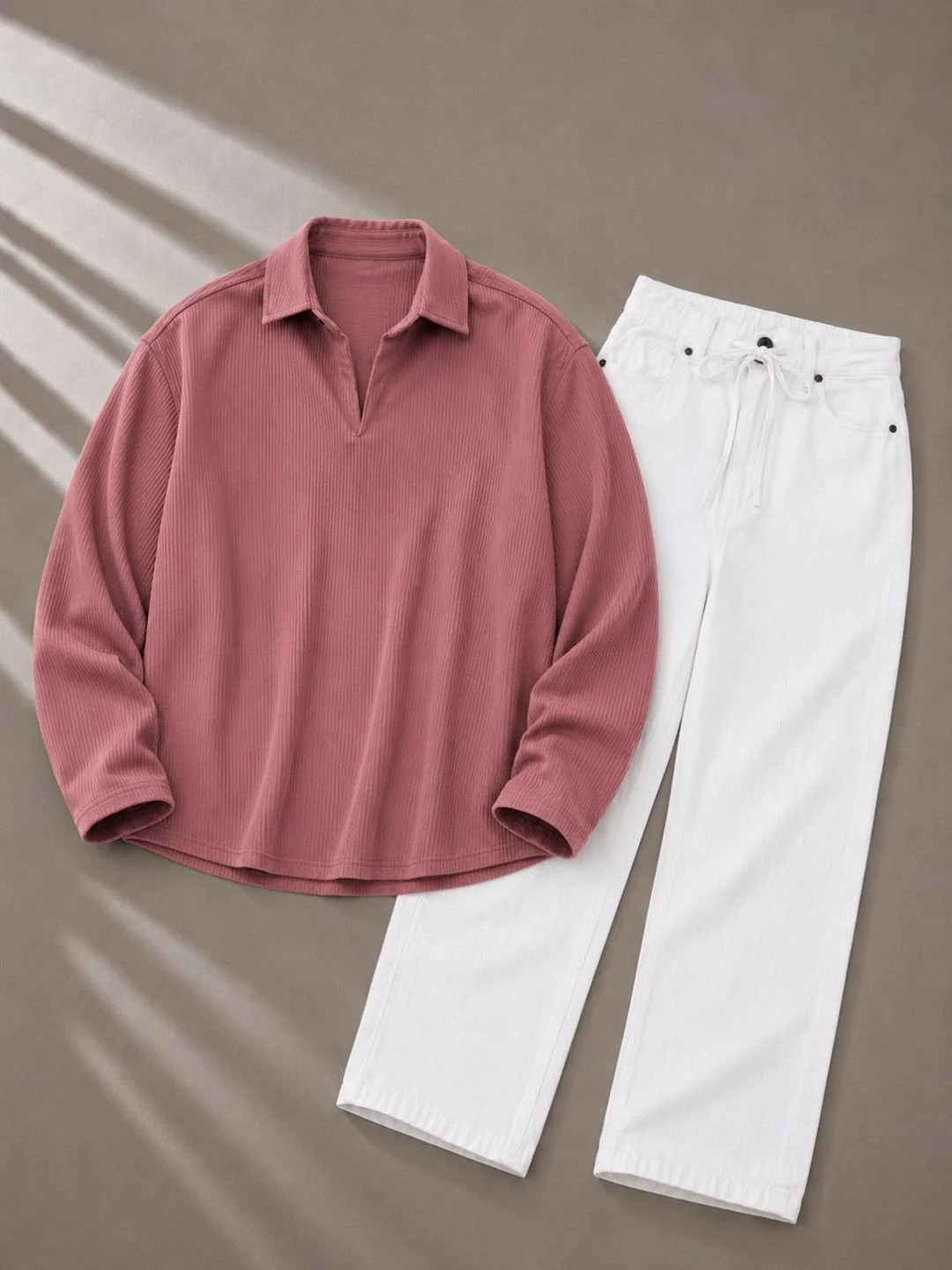 Olive-Green Polo Shirt & White Drawstring Trousers Set - Image 2