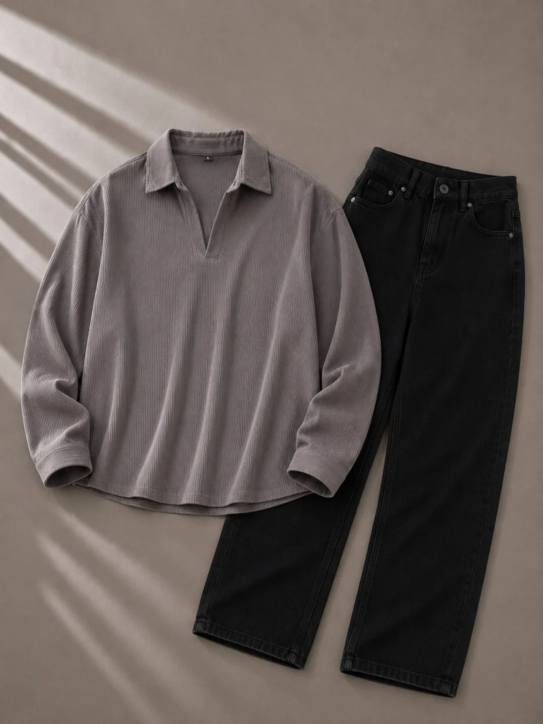 Olive-Green Polo Shirt & White Drawstring Trousers Set - Image 3