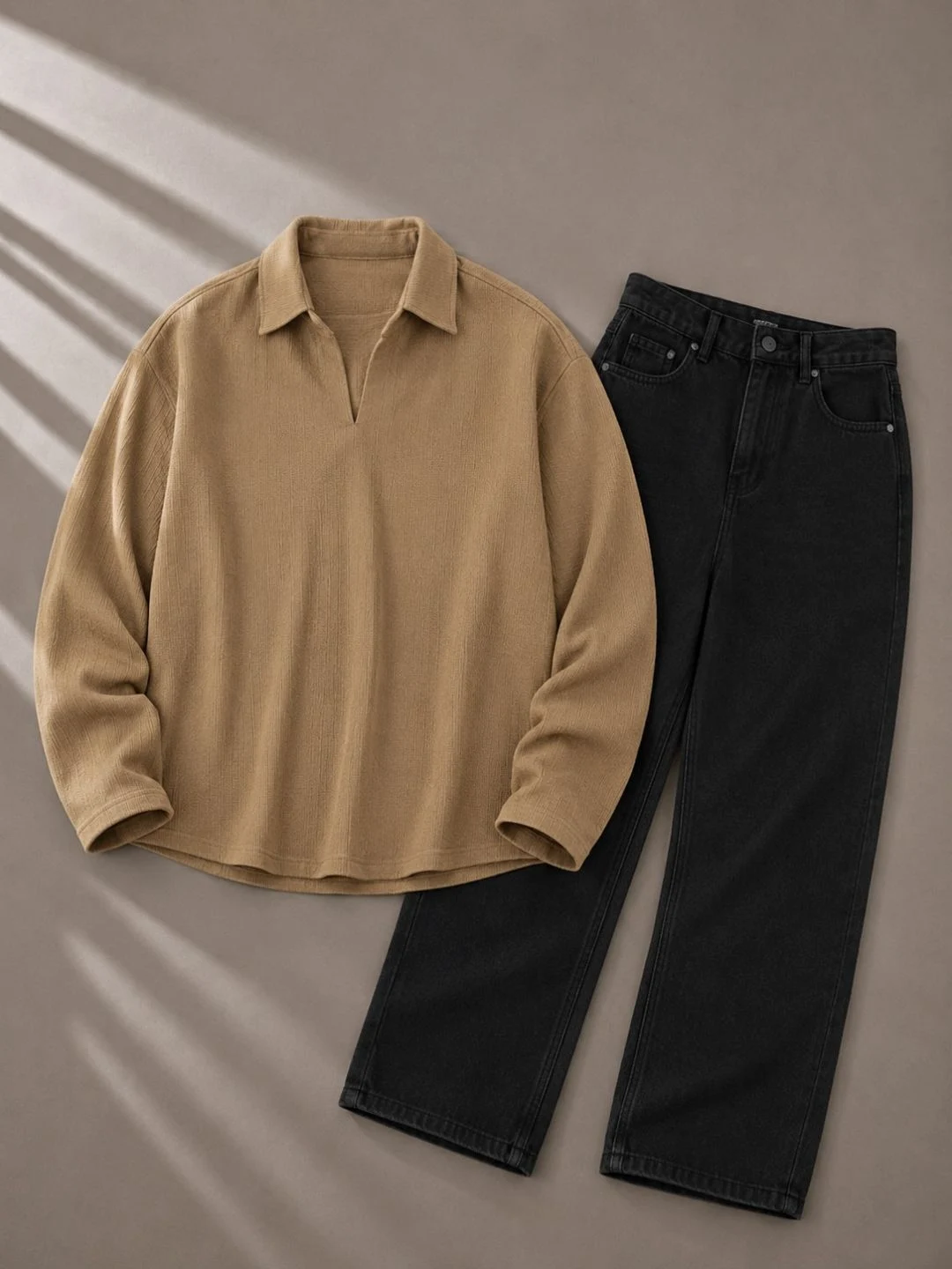 Olive-Green Polo Shirt & White Drawstring Trousers Set - Image 4