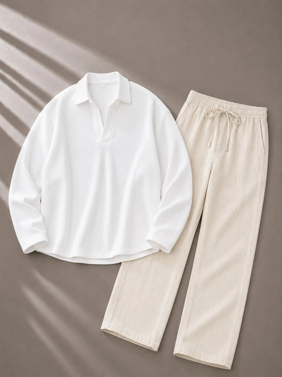 Olive-Green Polo Shirt & White Drawstring Trousers Set - Image 5