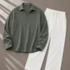 Olive-Green Polo Shirt & White Drawstring Trousers Set