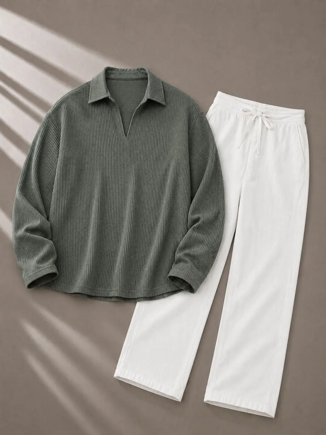 Olive-Green Polo Shirt & White Drawstring Trousers Set