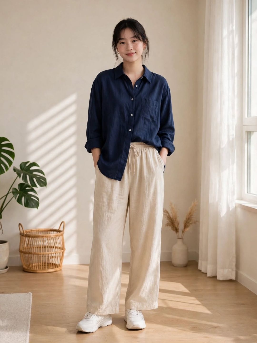 Earthen Brown Button-Down Shirt and Off-White Trouser Ensemble - Image 2