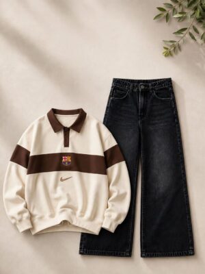 Cream Color-Blocked Polo Sweatshirt and Dark Denim Jeans Set