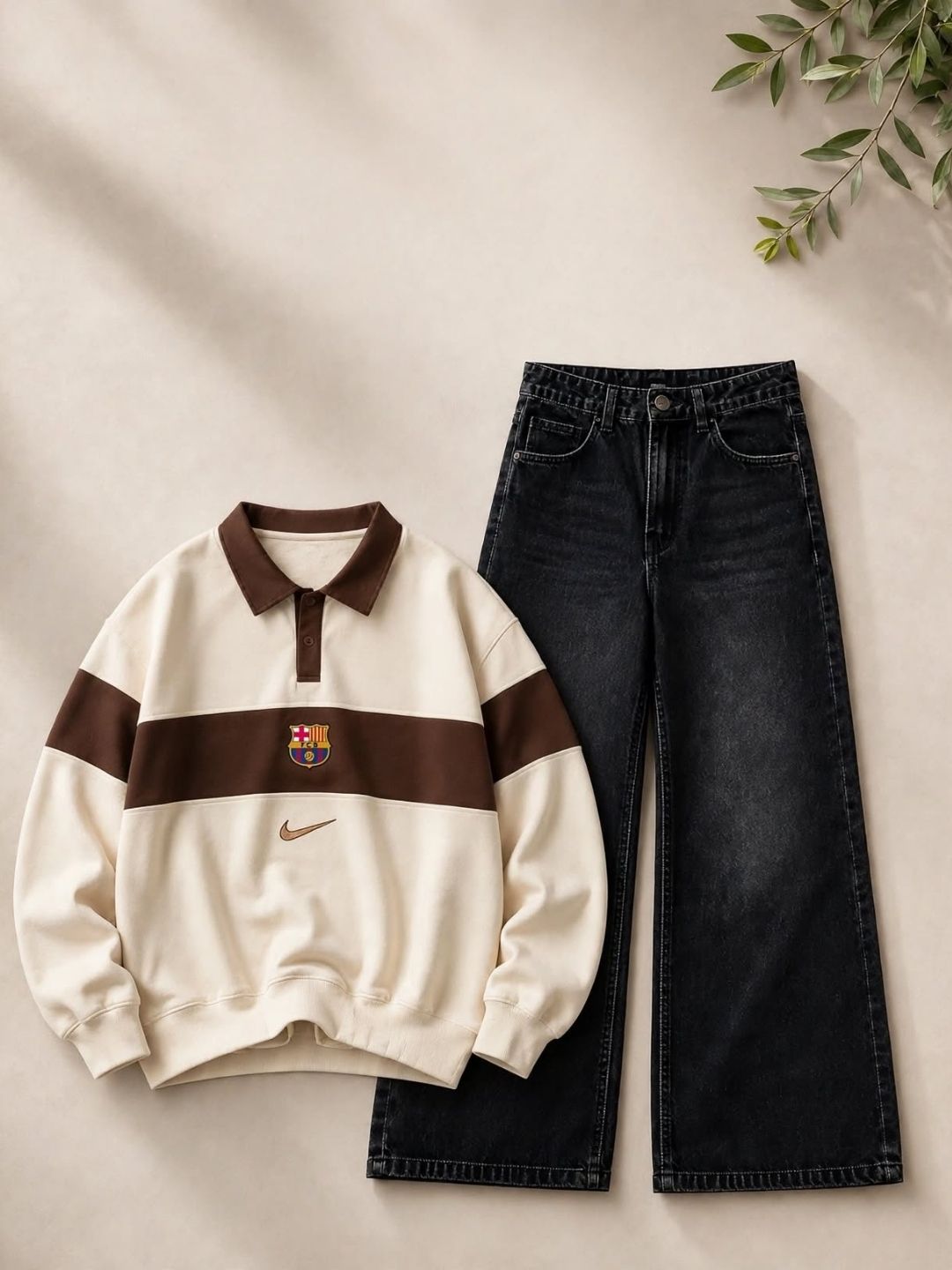Cream Color-Blocked Polo Sweatshirt and Dark Denim Jeans Set