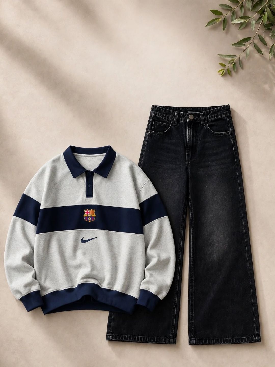 Cream Color-Blocked Polo Sweatshirt and Dark Denim Jeans Set - Image 3