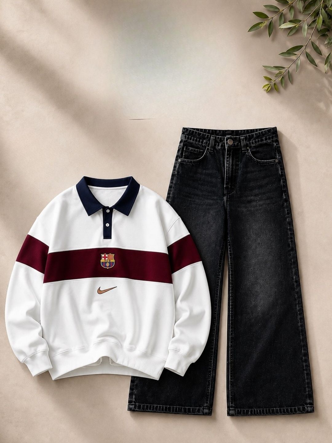 Cream Color-Blocked Polo Sweatshirt and Dark Denim Jeans Set - Image 2