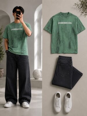 Sage Green Graphic Tee and Washed Denim Streetwear Bundle
