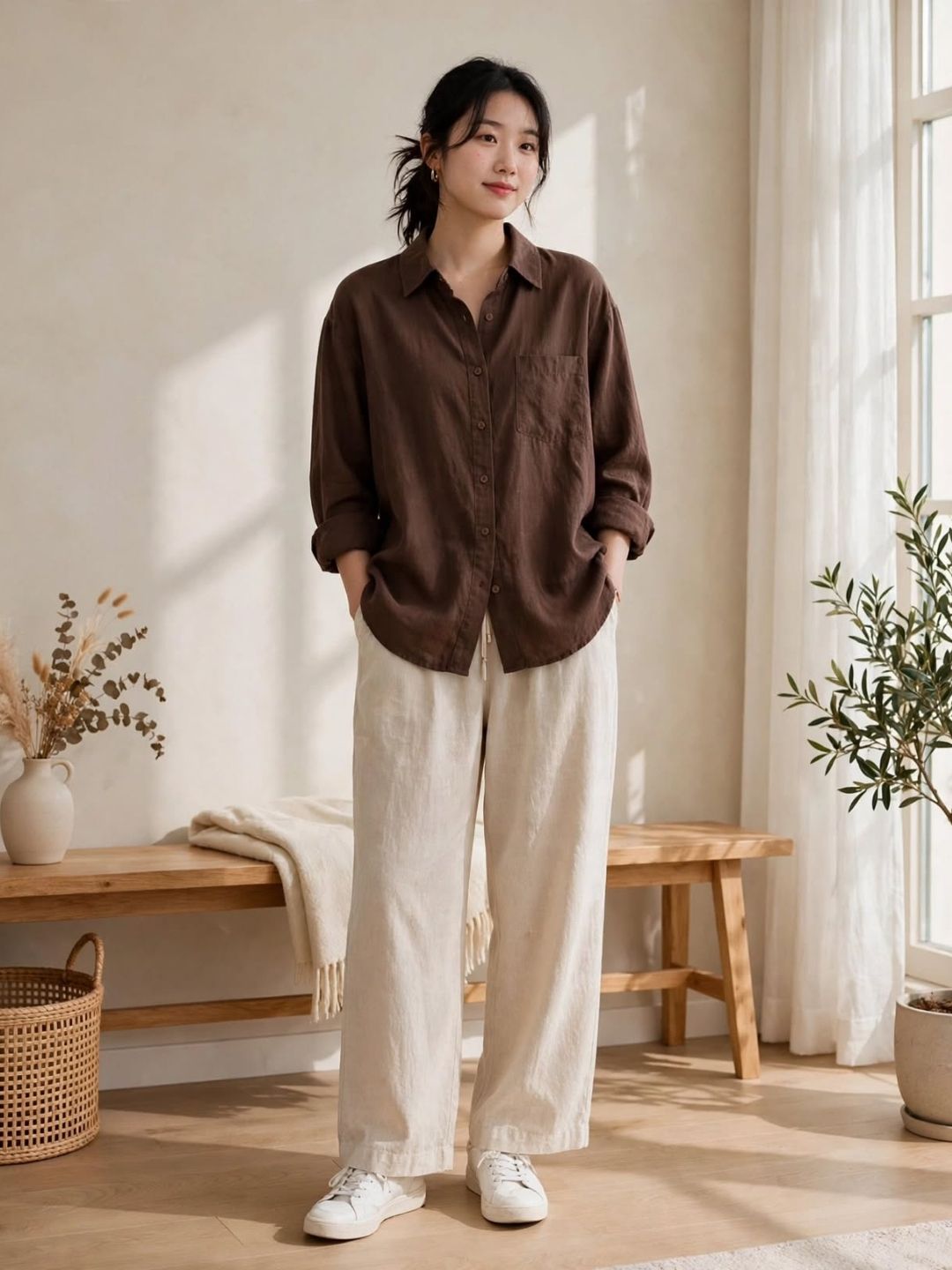 Earthen Brown Button-Down Shirt and Off-White Trouser Ensemble