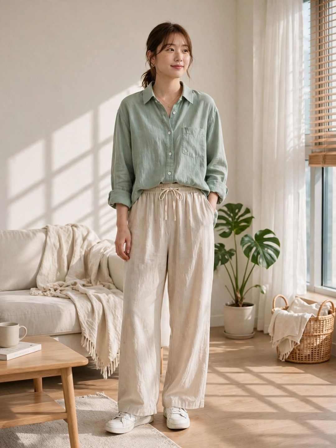 Earthen Brown Button-Down Shirt and Off-White Trouser Ensemble - Image 4