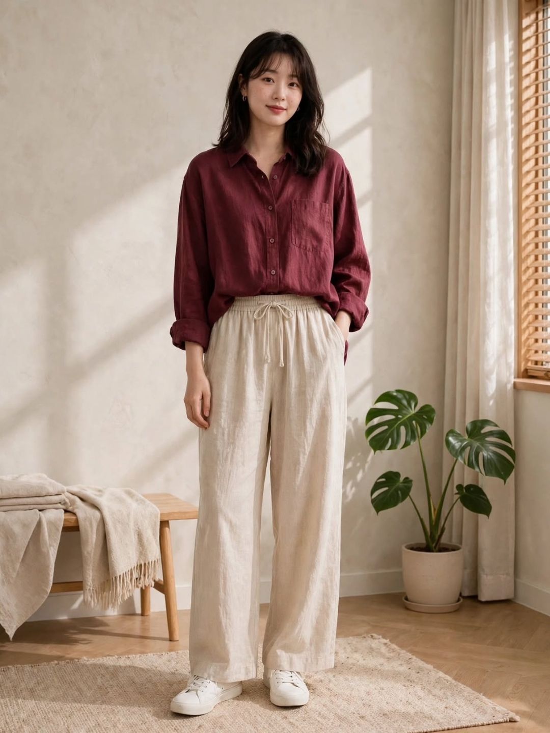 Earthen Brown Button-Down Shirt and Off-White Trouser Ensemble - Image 3