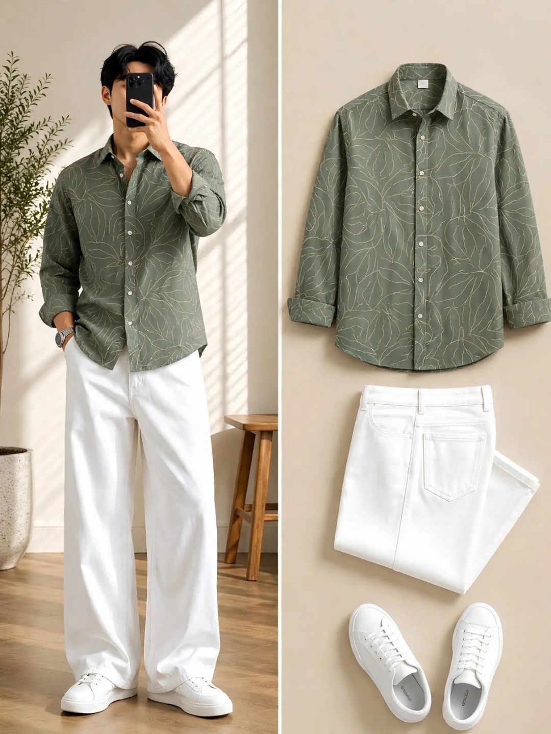 Indigo Leaf-Patterned Shirt and White Trouser Attire Set - Image 2