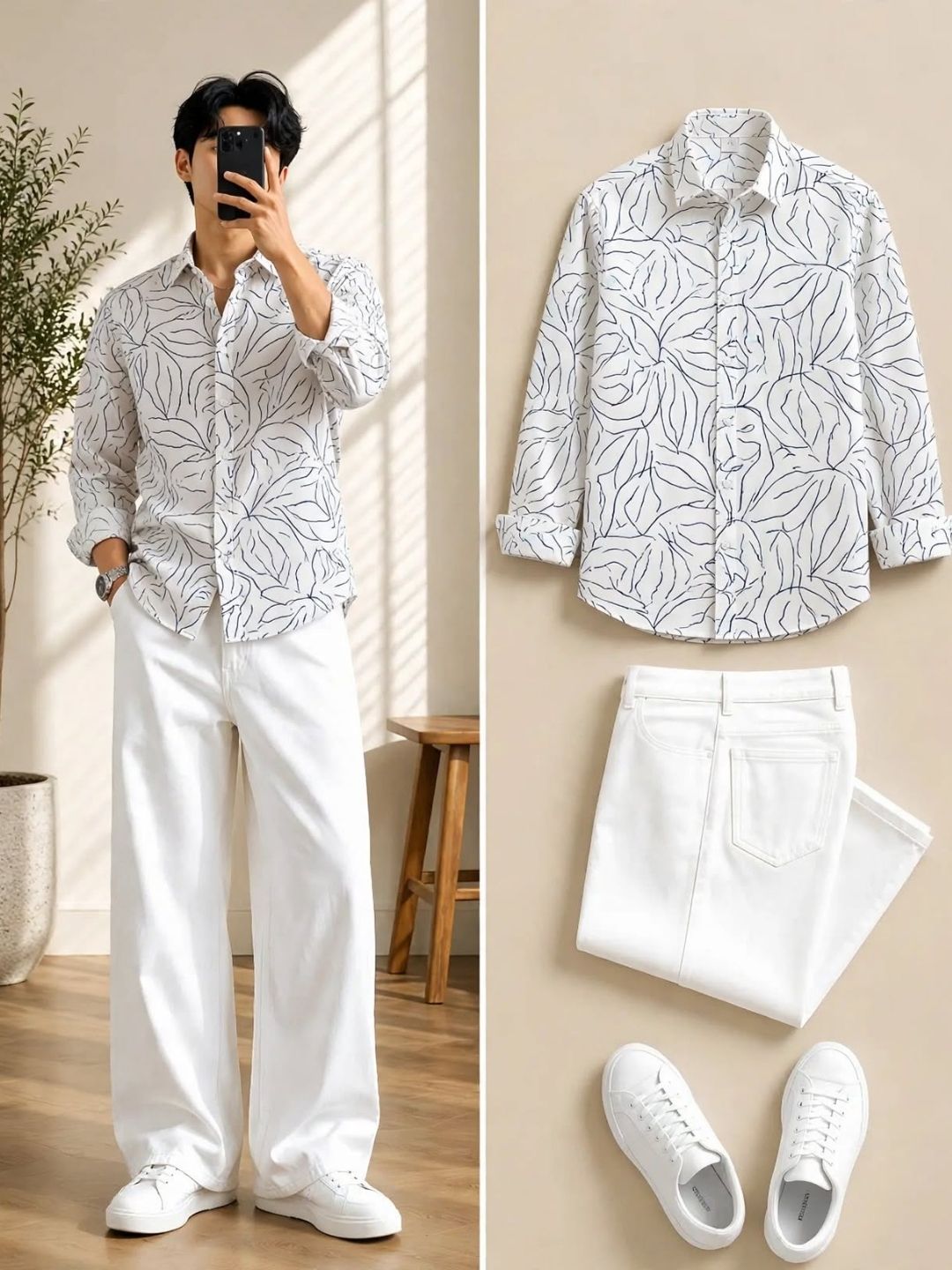Indigo Leaf-Patterned Shirt and White Trouser Attire Set - Image 4