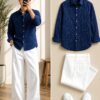 Indigo Leaf-Patterned Shirt and White Trouser Attire Set
