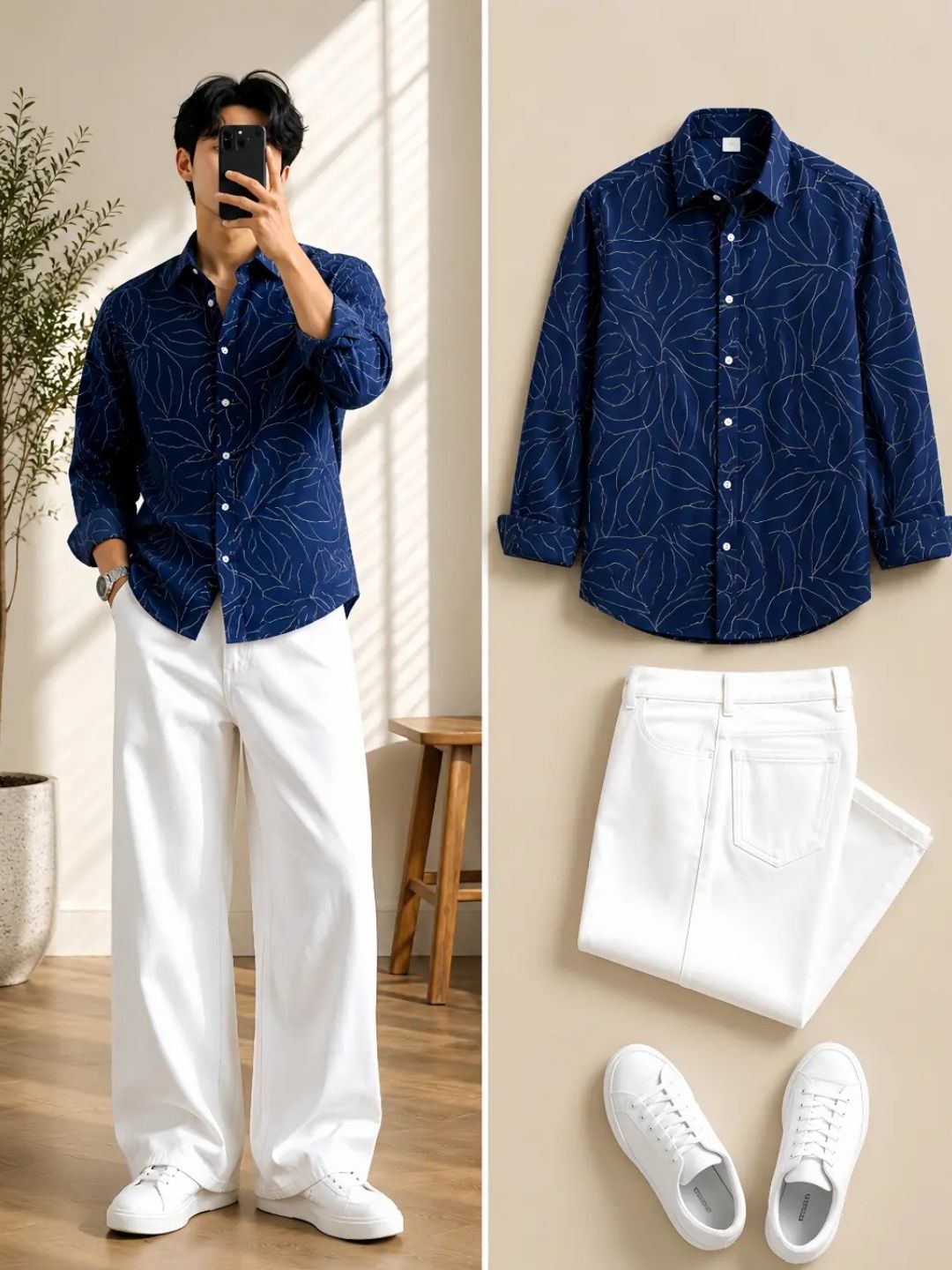 Indigo Leaf-Patterned Shirt and White Trouser Attire Set