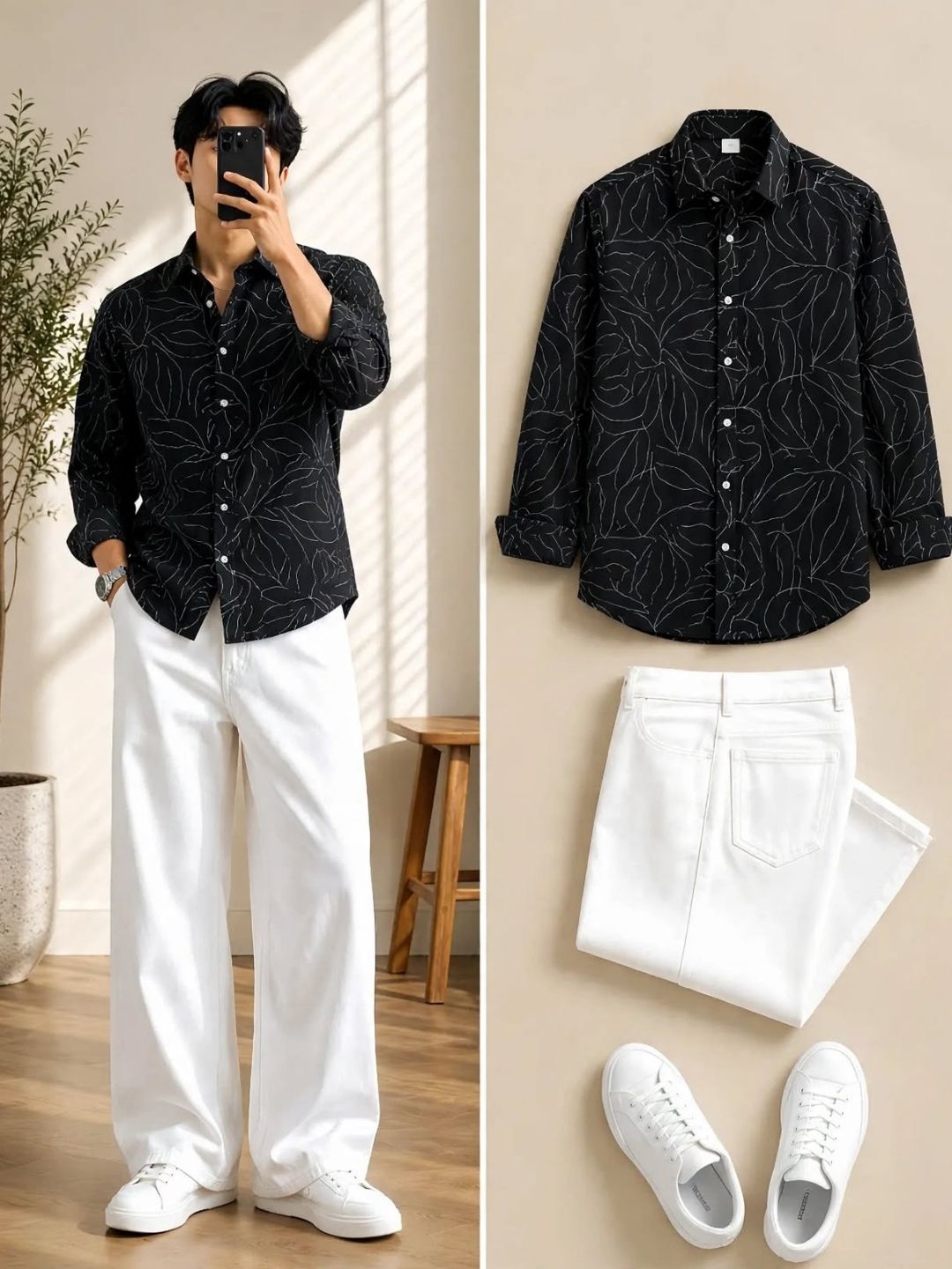 Indigo Leaf-Patterned Shirt and White Trouser Attire Set - Image 3