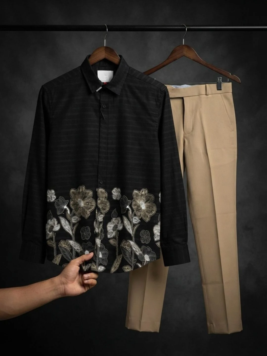 Floral Embroidered Dark Navy Shirt & Off-White Trousers Combo - Image 3