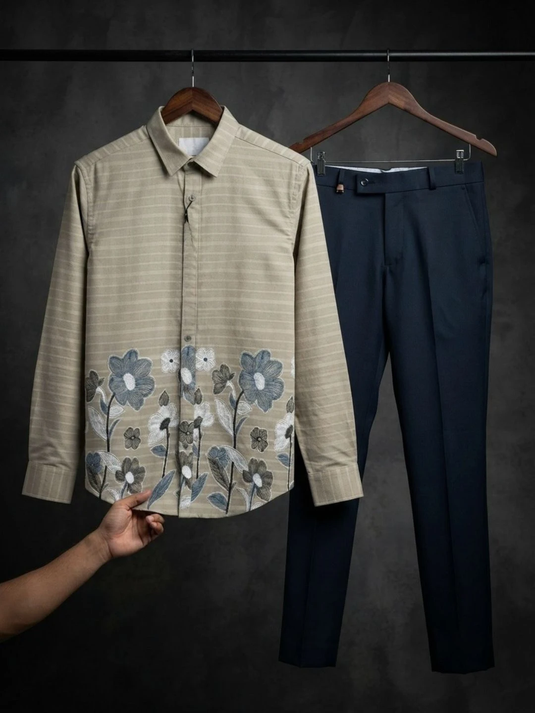 Floral Embroidered Dark Navy Shirt & Off-White Trousers Combo - Image 2