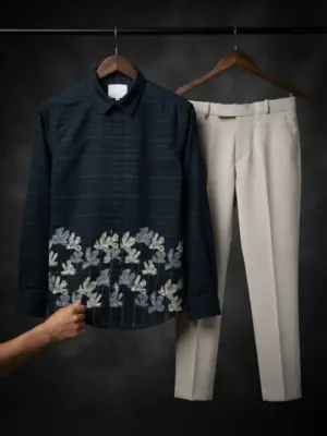 Floral Embroidered Dark Navy Shirt & Off-White Trousers Combo