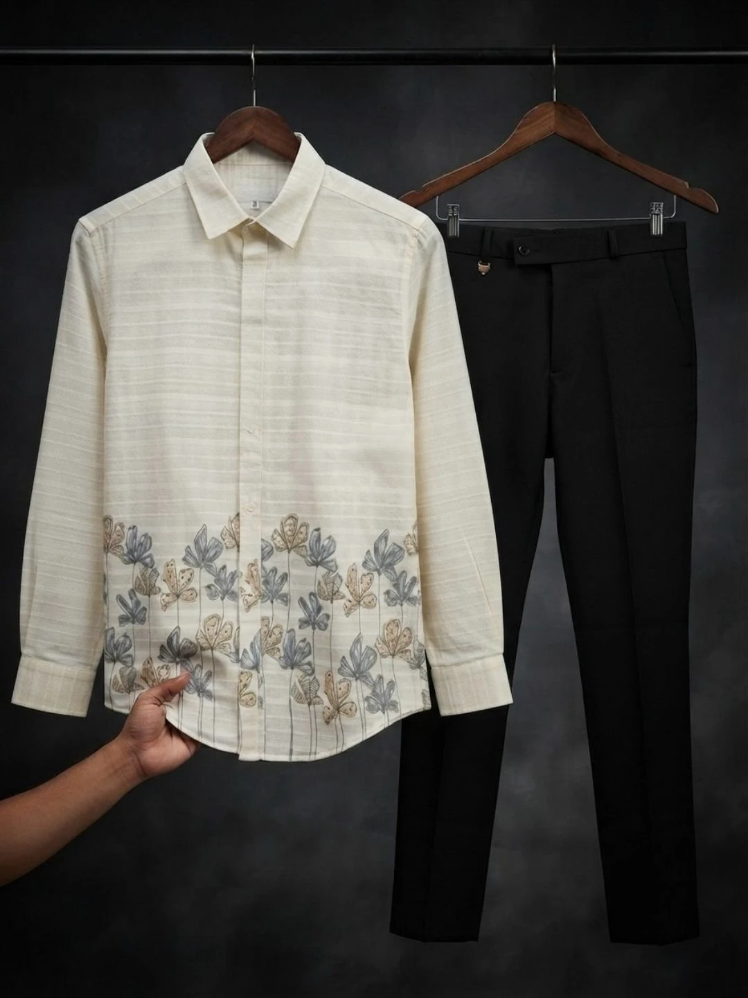 Floral Embroidered Dark Navy Shirt & Off-White Trousers Combo - Image 4