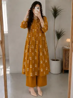 Mustard Floral Block-Print Kurta & Matching Palazzos Suit Set