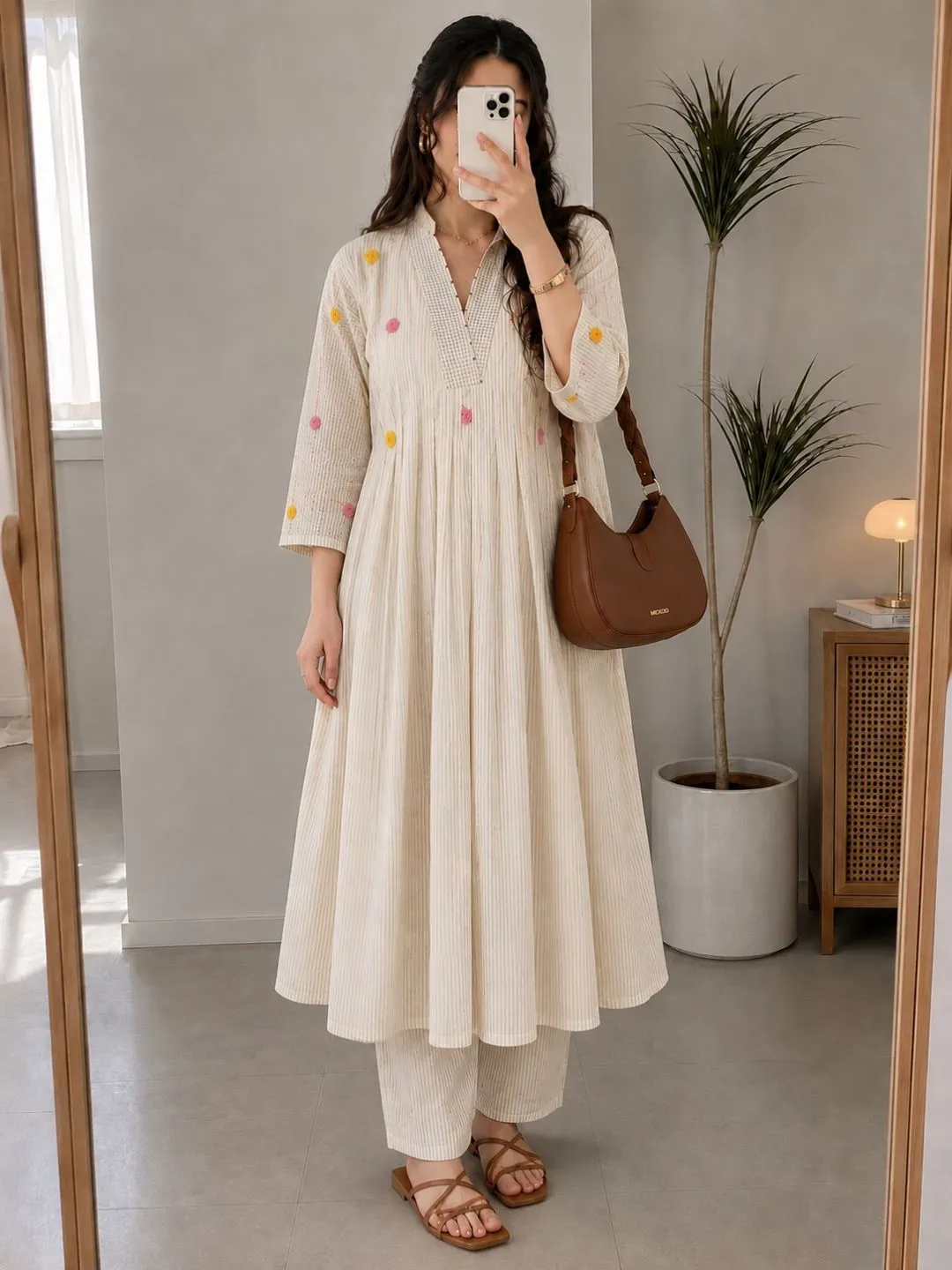 Mustard Floral Block-Print Kurta & Matching Palazzos Suit Set - Image 3