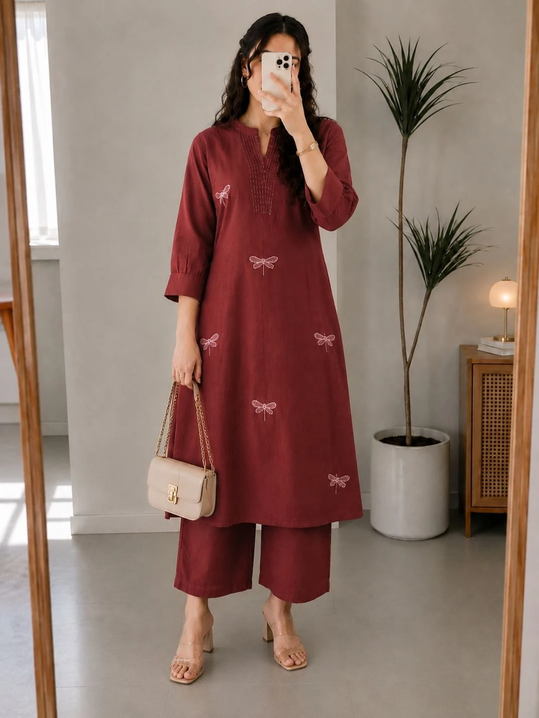 Mustard Floral Block-Print Kurta & Matching Palazzos Suit Set - Image 2