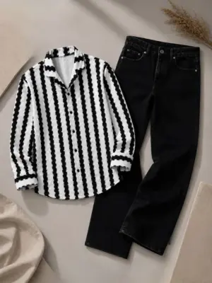 Monochrome Vertical Striped Shirt & Black Denim Jeans Set