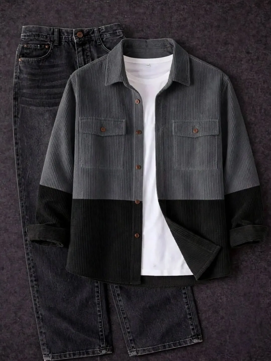 Olive and Cream Corduroy Overshirt with Black Denim Jeans Ensemble - Image 4